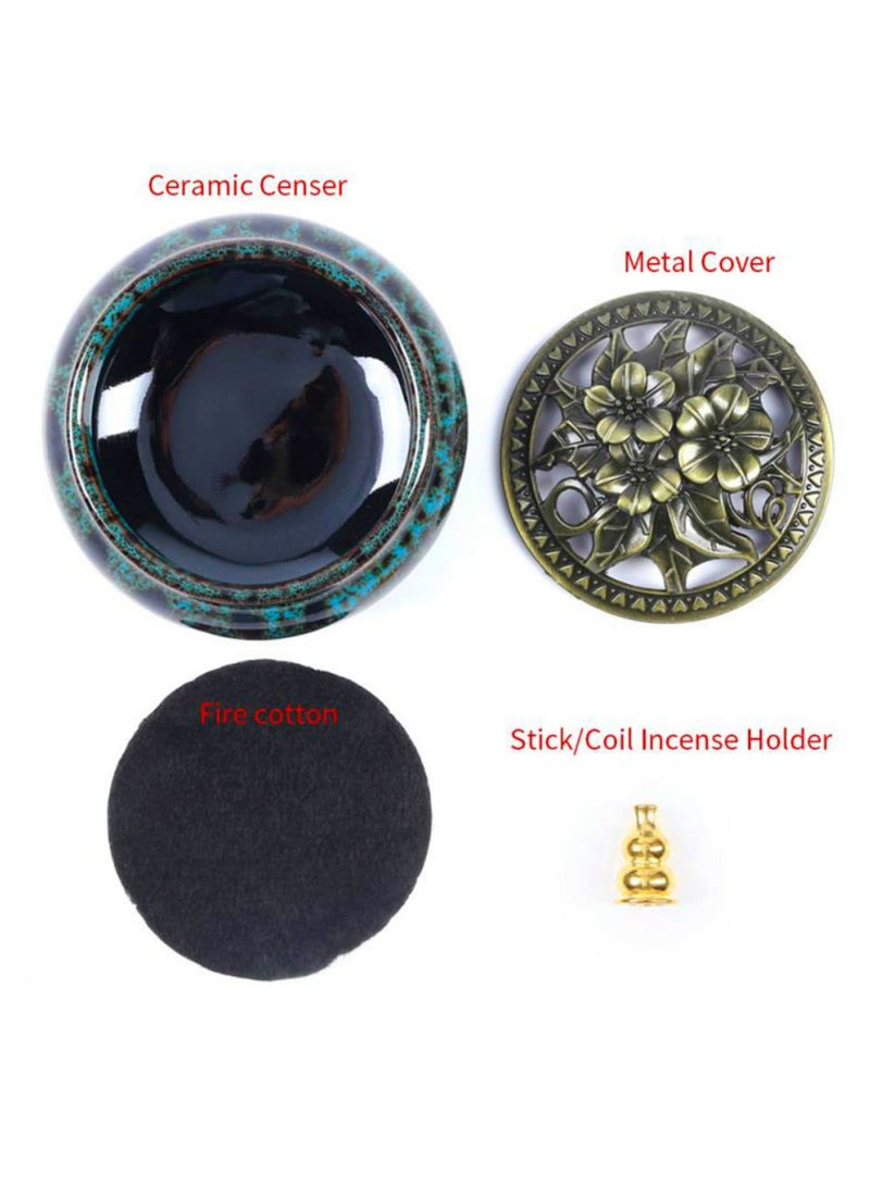 مبخرة من السيراميك مع حامل أعواد بخور + عازل يستخدم للبخور بالعيدان أو لفائف البخور وأقماع المريمية واللبان (فامبي أزرق) - Image 4