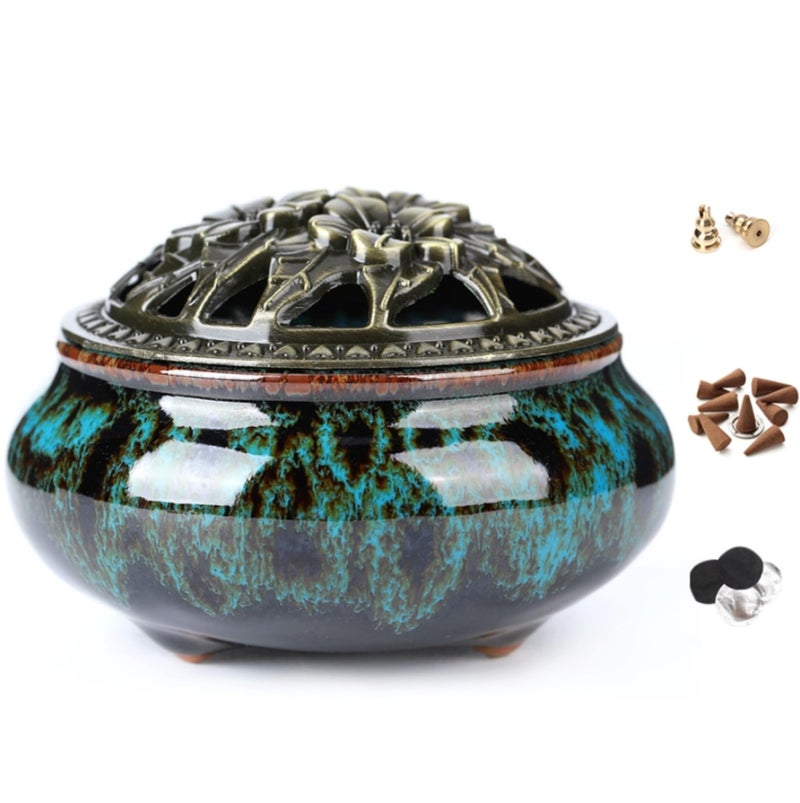 Ceramic Incense Burner with Incense Stick Holder + Insulation use for Stick or Coil Incense, Sage Cones and Frankincense (Fambe Blue) - Image 1