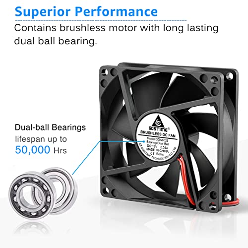 GDSTIME 2 Pack 80mm x 25mm Dual Ball Bearings High Speed 4500RPM 12V DC Brushless Cooling Fan 2Pin - Image 4