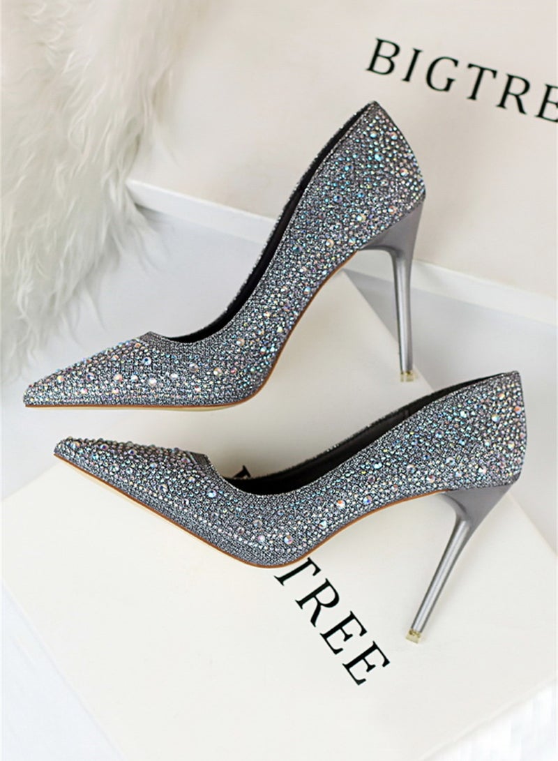بيج تري أزياء السيدات أحذية عالية الكعب مع غرامة الماس 10cm رمادي - Image 2