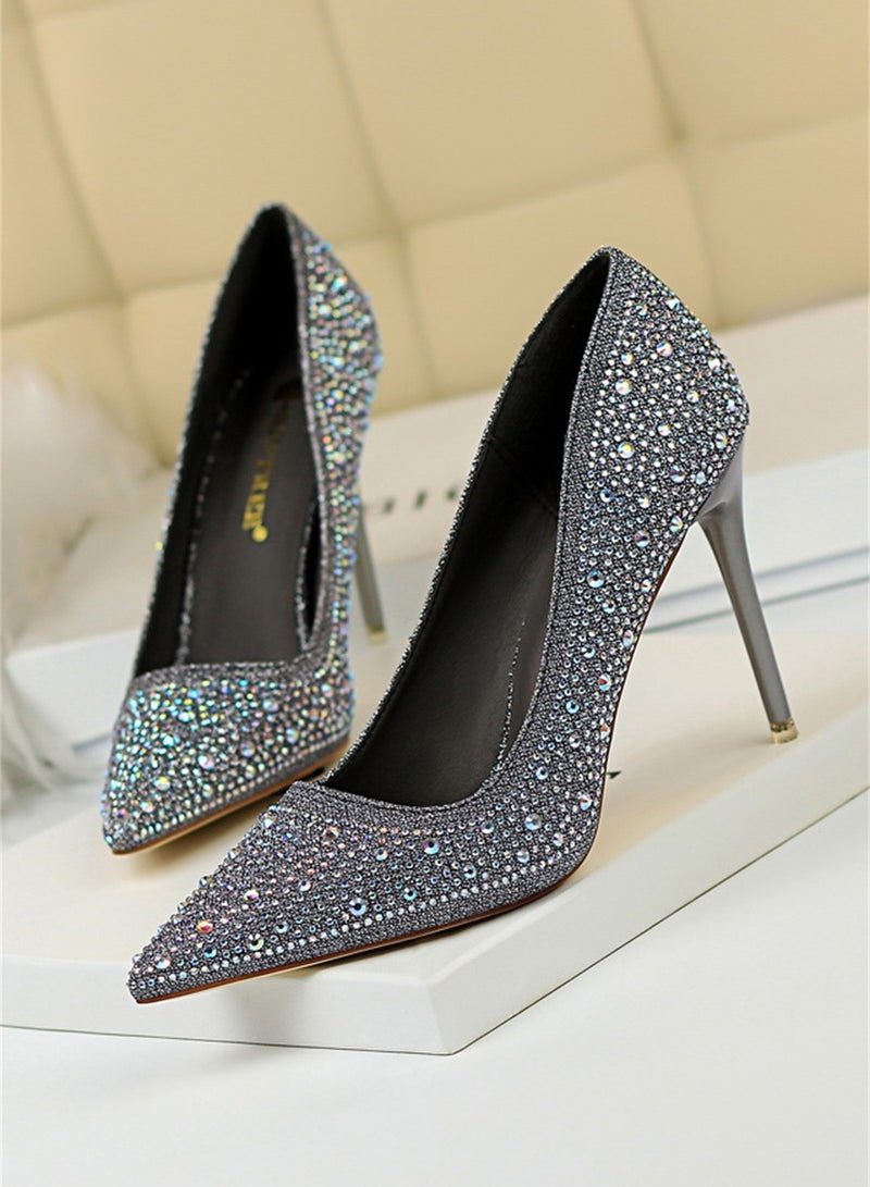 بيج تري أزياء السيدات أحذية عالية الكعب مع غرامة الماس 10cm رمادي - Image 1