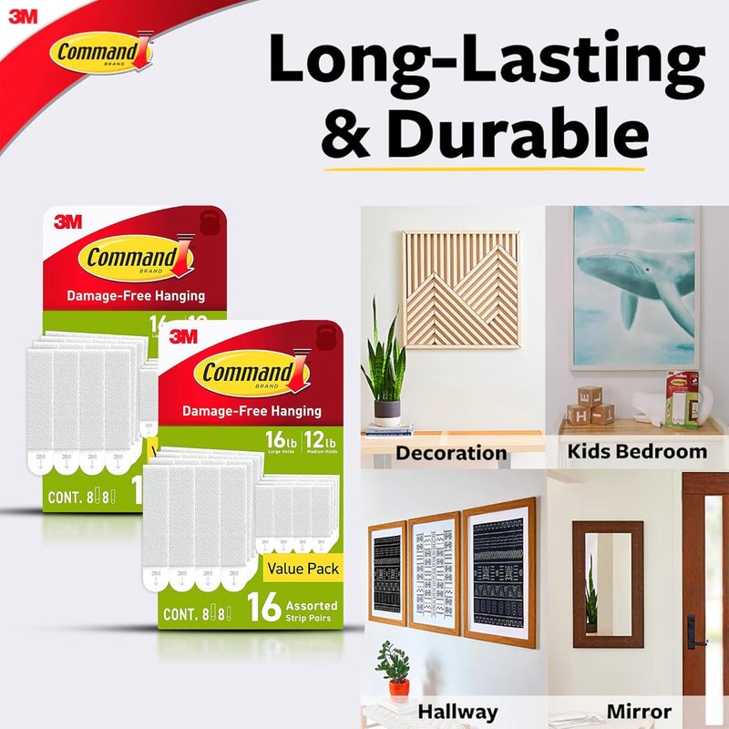 Command Medium and Large Picture Hanging Strips, Damage Free Hanging Picture Hangers, No Tools Wall Hanging Strips for Living Spaces, White, 16 Medium Pairs and 16 Large Pairs (64 Total) - Image 3