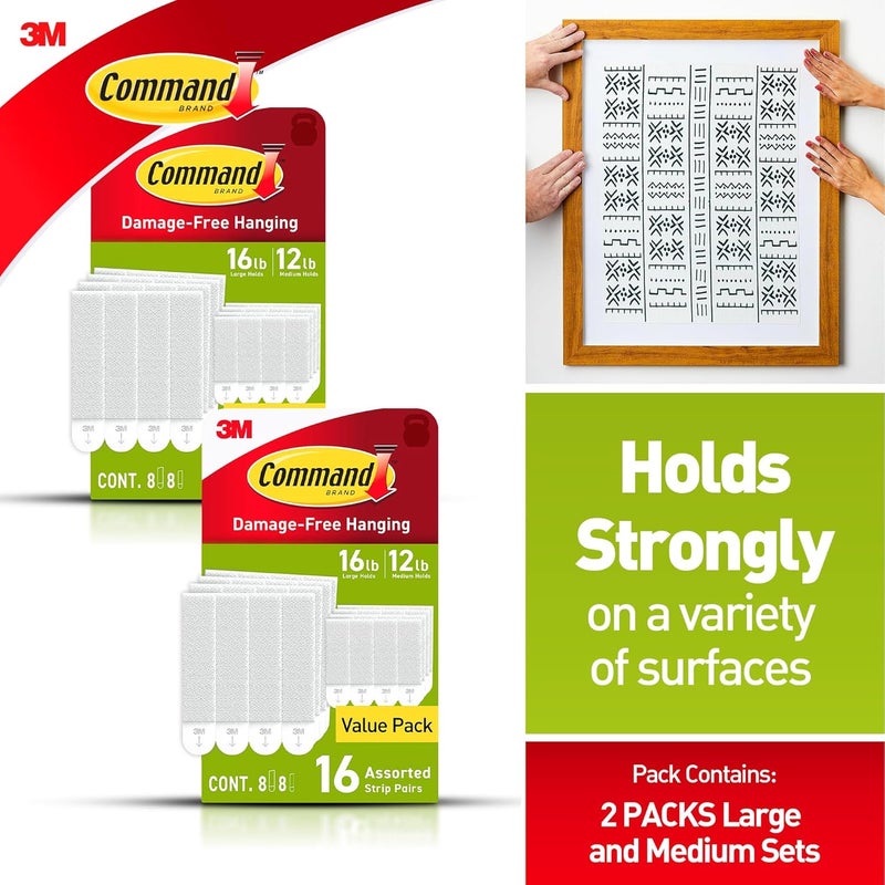 Command Medium and Large Picture Hanging Strips, Damage Free Hanging Picture Hangers, No Tools Wall Hanging Strips for Living Spaces, White, 16 Medium Pairs and 16 Large Pairs (64 Total) - Image 2