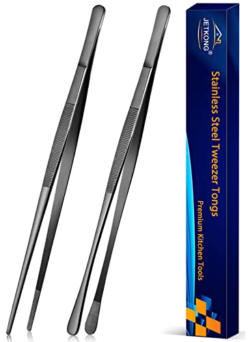 JETKONG 2 Pcs 12Inch Kitchen Tweezers Tongs with Precision Serrated Tips Stainless Steel Chef Tweezer Professional Cooking Tweezers for BBQ Plating and Serving 12Inch Black