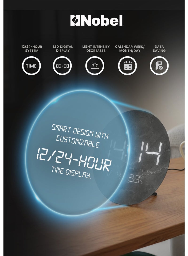 نوبل ساعة رقمية LED مع عرض درجة الحرارة - نظام 12/24 ساعة، وضع ليلي للتعتيم التلقائي، منفذ USB من النوع C - ساعة - Image 3