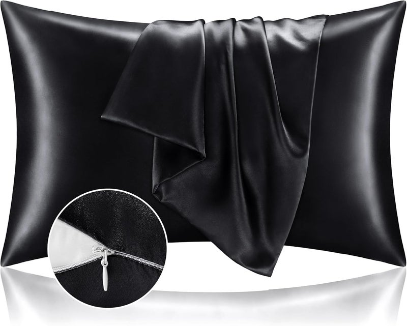 BEDELITE Cost effective fine quality Satin Pillowcase with Zipper 2 Pack, Black Pillow Cases Standard Size, Super Soft and Cooling Similar to Silk Pillow Cases, Gift for Women Men(20x26 Inches) Globally selected raw material - Image 1
