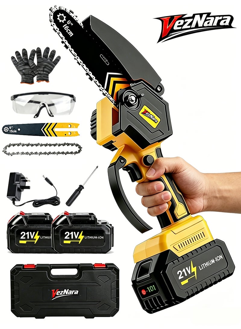 VezNara Cordless Mini Chainsaw 6 Inch, Brushless Motor 18000RPM, 2 Batteries 12000mAh Portable Electric Saw for Wood Cutting, Garden Pruning & DIY - Image 1