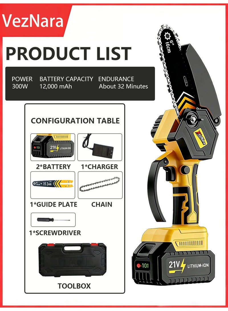 VezNara Cordless Mini Chainsaw 6 Inch, Brushless Motor 18000RPM, 2 Batteries 12000mAh Portable Electric Saw for Wood Cutting, Garden Pruning & DIY - Image 2