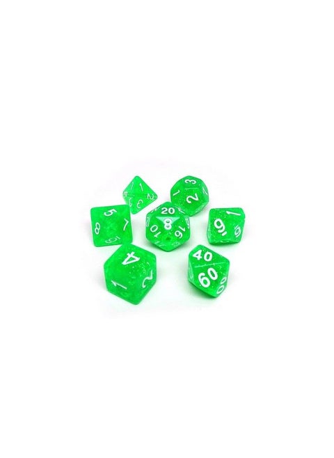 Glitter And Sparkle Polyhedral Dice Set 7 Piece Dice Set With One D20 D12 D10 D8 D6 D4 And D00 (Translucent Green Galaxy With White Font)