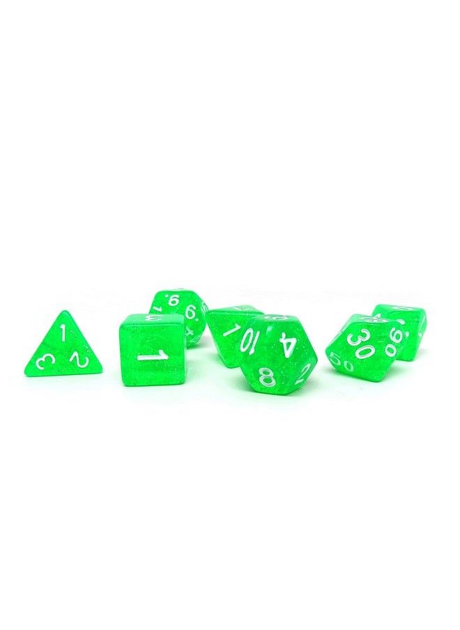 Glitter And Sparkle Polyhedral Dice Set 7 Piece Dice Set With One D20 D12 D10 D8 D6 D4 And D00 (Translucent Green Galaxy With White Font)