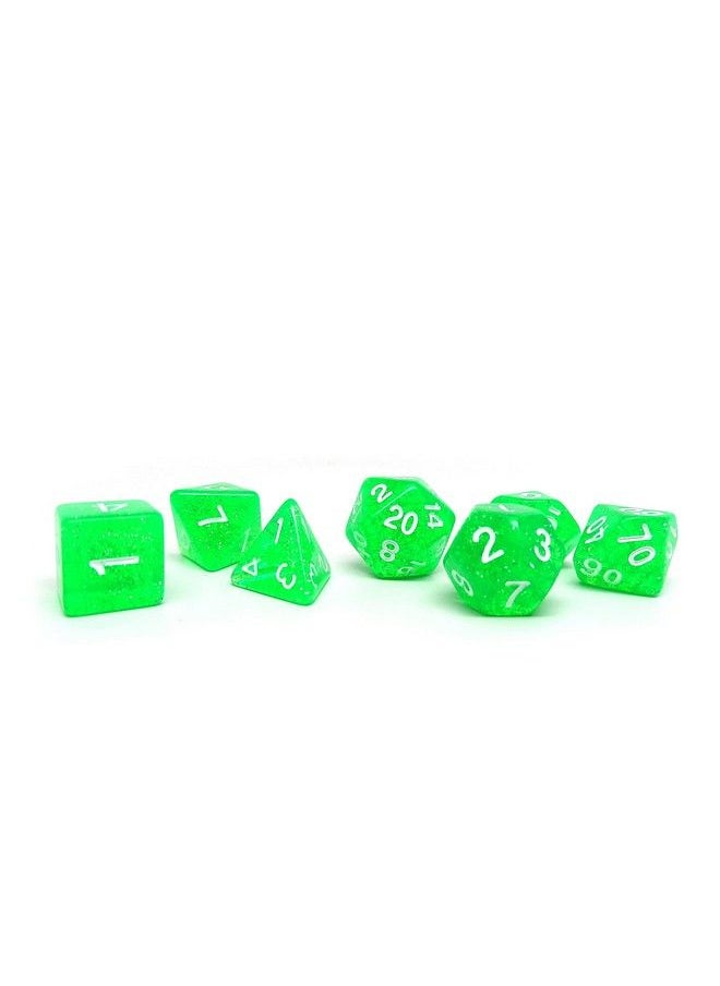 Glitter And Sparkle Polyhedral Dice Set 7 Piece Dice Set With One D20 D12 D10 D8 D6 D4 And D00 (Translucent Green Galaxy With White Font)