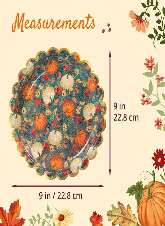 Confettiville Thanksgiving Paper Plates, 50-Count Fall-Themed Decorative Disposable Serving Plates, Teal, Gold Foil Scalloped Edge, 9 Inches - Image 4
