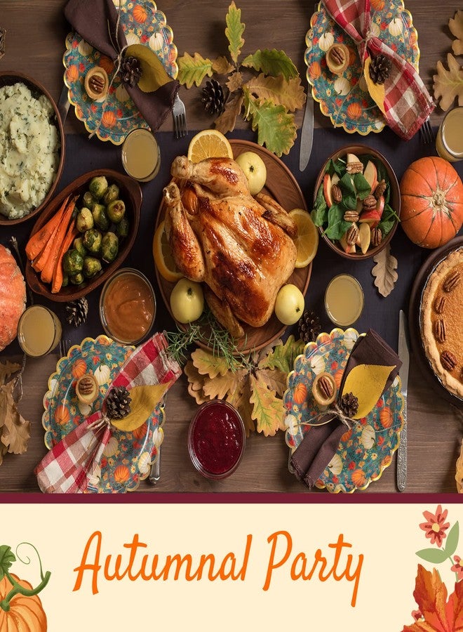 Confettiville Thanksgiving Paper Plates, 50-Count Fall-Themed Decorative Disposable Serving Plates, Teal, Gold Foil Scalloped Edge, 9 Inches - Image 2