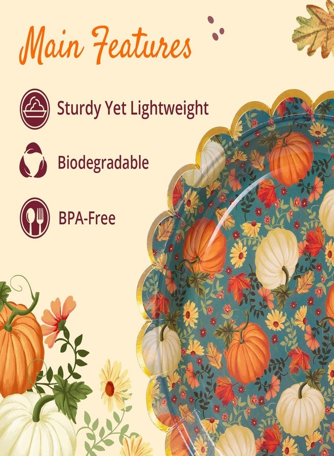 Confettiville Thanksgiving Paper Plates, 50-Count Fall-Themed Decorative Disposable Serving Plates, Teal, Gold Foil Scalloped Edge, 9 Inches - Image 5