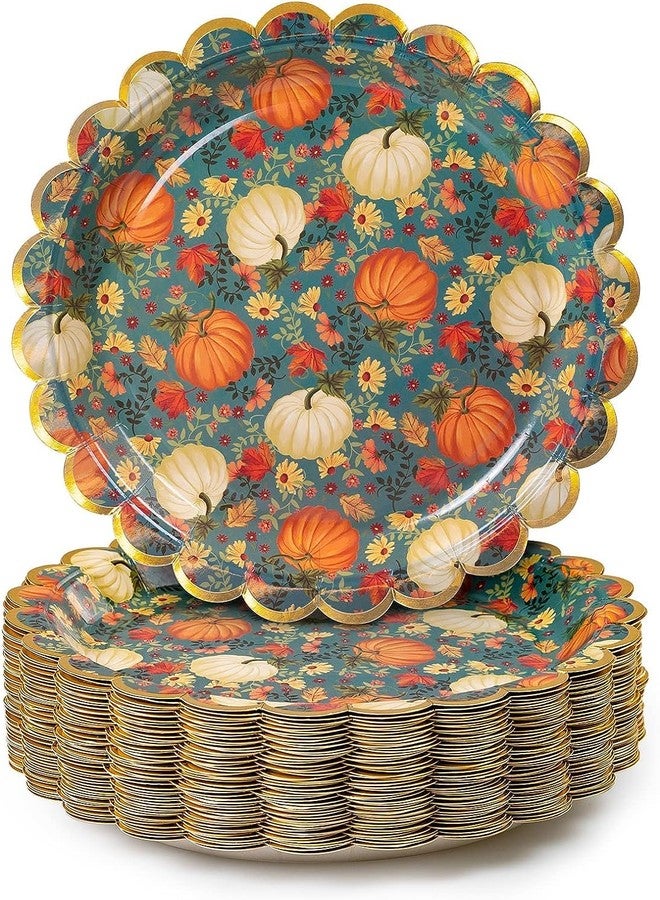 Confettiville Thanksgiving Paper Plates, 50-Count Fall-Themed Decorative Disposable Serving Plates, Teal, Gold Foil Scalloped Edge, 9 Inches - Image 1