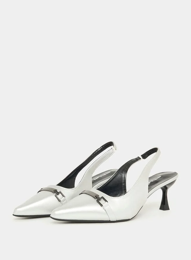 Styli Metal Detail Pointed Toe Sling Back Kitten Heel Pump