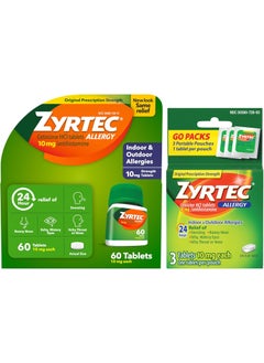 ZYRTEC Zyrtec 24 Hour Allergy Relief Tablets, Indoor and Outdoor Allergy Medicine with 10 mg Cetirizine HCl per Antihistamine Tablet, Bundle Pack, 60 ct + 3 ct Travel Packs, 63 Count 