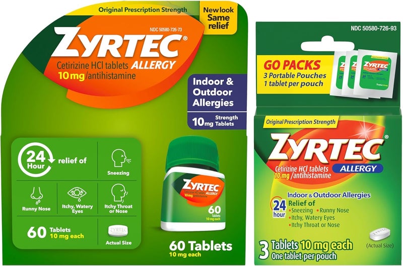 ZYRTEC Zyrtec 24 Hour Allergy Relief Tablets, Indoor and Outdoor Allergy Medicine with 10 mg Cetirizine HCl per Antihistamine Tablet, Bundle Pack, 60 ct + 3 ct Travel Packs, 63 Count