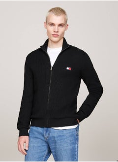 Men's Tommy Badge Zip-Thru Slim Jumper With Wool, Black- Recycled Polyester