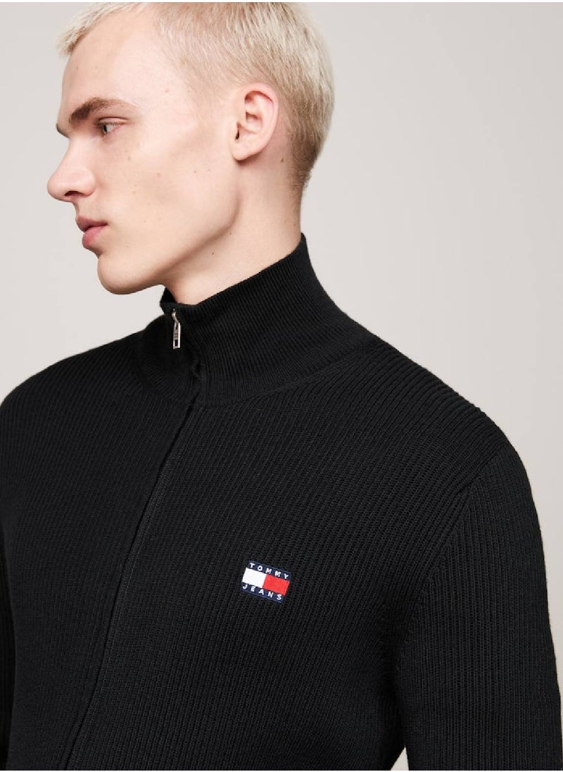 TOMMY JEANS - Men's Tommy Badge Zip-Thru Slim Jumper With Wool, Black- Recycled Polyester - Image 1