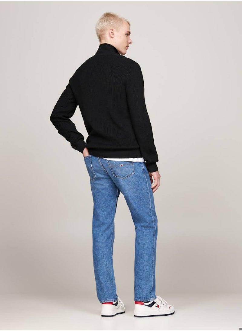 TOMMY JEANS - Men's Tommy Badge Zip-Thru Slim Jumper With Wool, Black- Recycled Polyester - Image 1