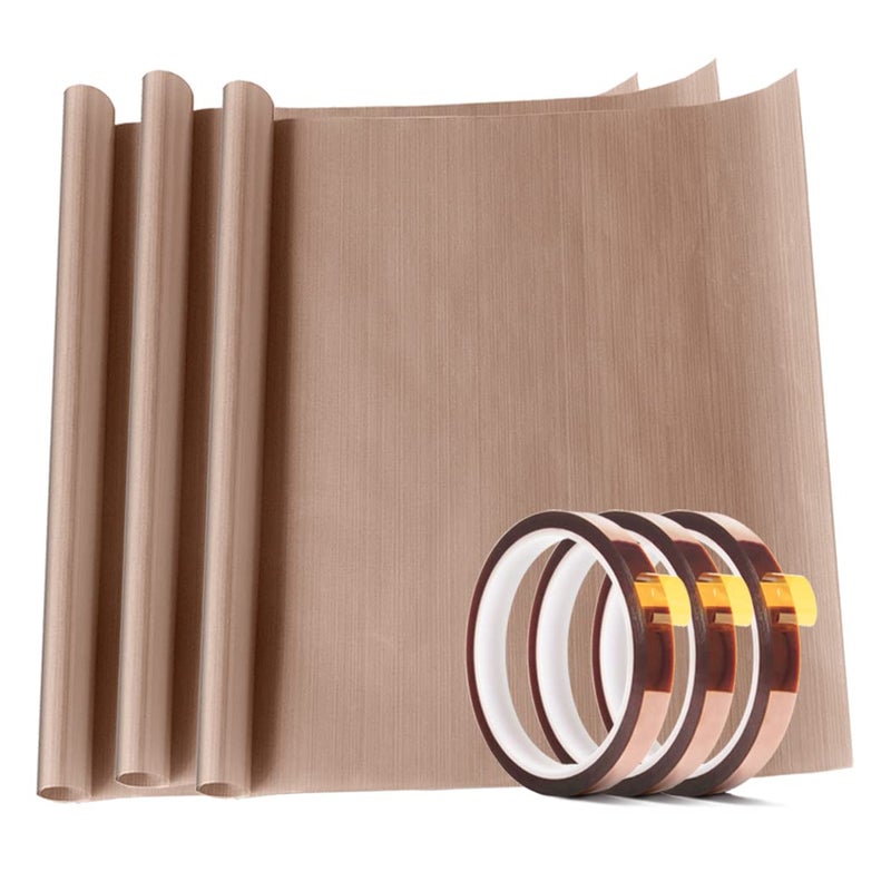 عبوة 3 من ورق تيفلون PTFE 12 × 16 و 3 لفات من شريط حراري مقاوم للحرارة 10 مم × 33 م لنقل الحرارة ورق غير لاصق حصيرة قابلة لإعادة الاستخدام تحمي المكواة للآلات