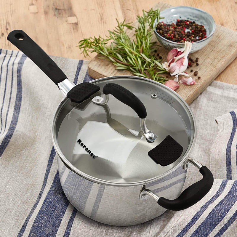 Rorence 37 Quart Saucepan with Glass Lid Stainless Steel Sauce Pan with Two Sides Pour Spout  Riveted Silicone Handles  Buildin Strainer Tempered Glass Cover