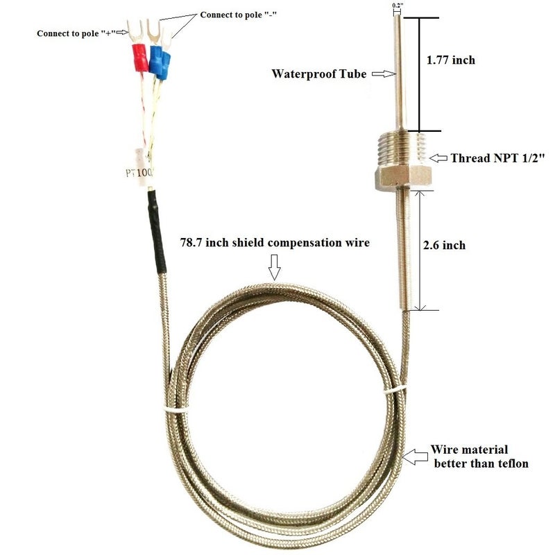 Jaybva Waterproof RTD PT100 Temperature Sensor - Thermistor Probe for PID Temperature Controller 3 Wire Stainless Steel NPT1/2" Pipe Thread with Insulation Lead Shield Wire -50~500℃ - Image 5