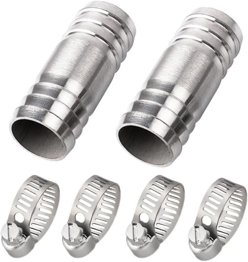 Pysrych Stainless Steel 304 Hose Barb Fitting Union 3/4" Barbed x 3/4" Barbed Splicer Mender Coupler with Hose Clamp (Pack of 2) - Image 1