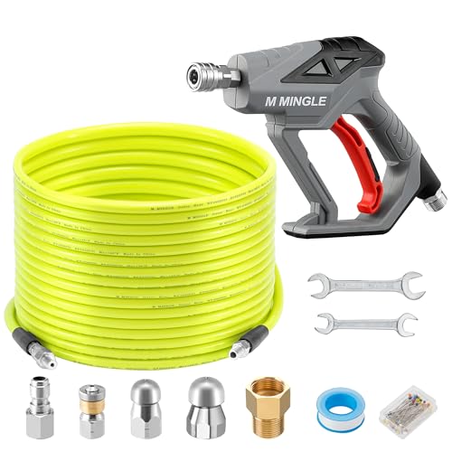 M MINGLE Sewer Jetter Kit for Pressure Washer 100 FT, Drain Cleaner Hose with Power Washer Gun, 1/4 Inch NPT Corner Rotating and Button Nose Sewer Jetting Nozzle, Orifice 4.0, 4.5 - Image 1