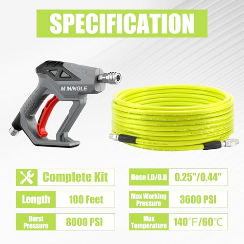 M MINGLE Sewer Jetter Kit for Pressure Washer 100 FT, Drain Cleaner Hose with Power Washer Gun, 1/4 Inch NPT Corner Rotating and Button Nose Sewer Jetting Nozzle, Orifice 4.0, 4.5 - Image 2