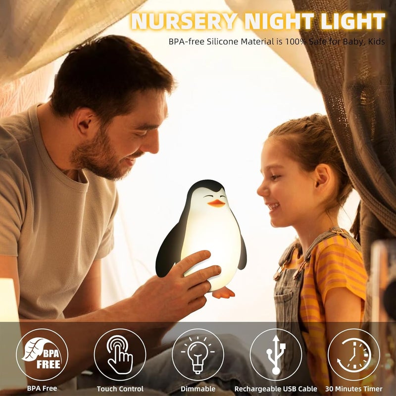 Tcamp Cute Penguin Night Light for Kids 3 Level Dimmable Nursery Nightlight Lamp Cute Silicone Squishy Lighted Penguin Tap Light Rechargeable Bedside Touch Lamp for Toddler Baby - Image 3