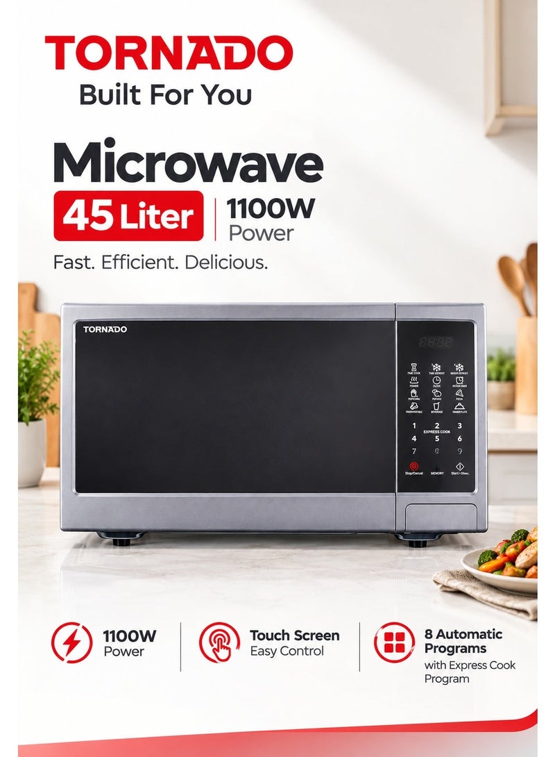 Tornado Solo Microwave Oven, 45 Liters, 1100W, Silver Front with Mirror Glass Door and Digital Display, Defrost Function & Auto Menu, TMDS-45-S-A . - Image 1