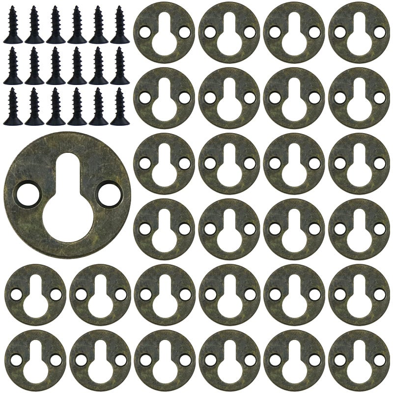 Luckycivia 60Pcs Metal Round Type Keyhole Shelf Brackets Hangers Picture Frame Hanging with Screws Bronze Tone