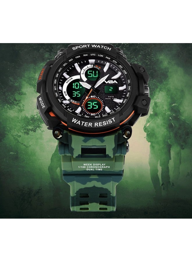 في 2 أية ساعة V2A Resin Camo Green Outdoor Sport مقاومة للصدمات ومضادة للماء ورقمية ومزودة بإضاءة LED للرجال (Camo-Green-1)، مينا سوداء، سوار متعدد الألوان - Image 2