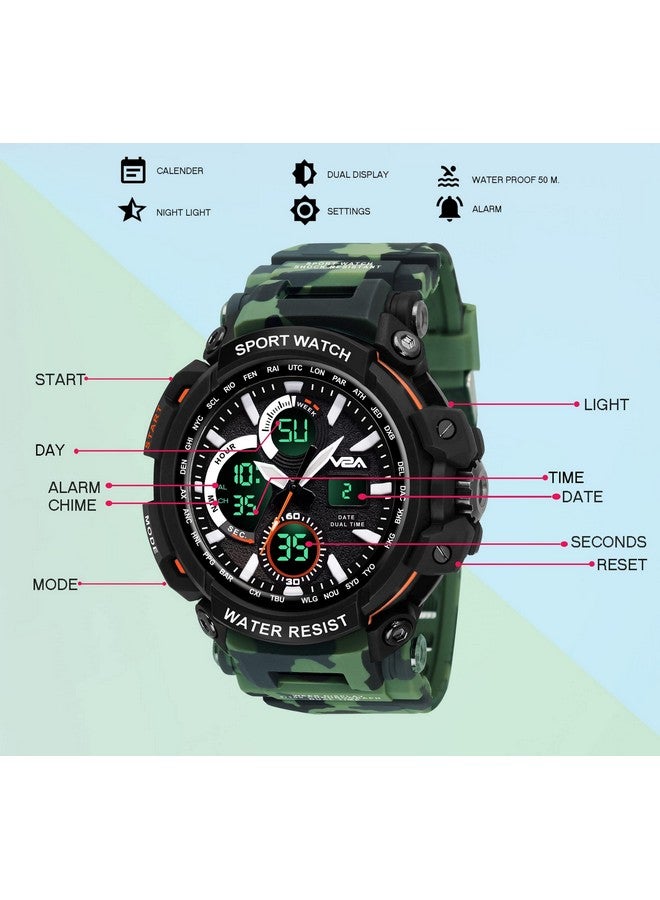 في 2 أية ساعة V2A Resin Camo Green Outdoor Sport مقاومة للصدمات ومضادة للماء ورقمية ومزودة بإضاءة LED للرجال (Camo-Green-1)، مينا سوداء، سوار متعدد الألوان - Image 3