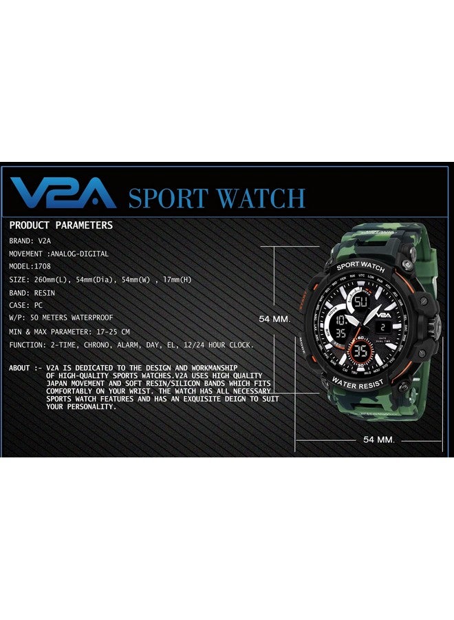 في 2 أية ساعة V2A Resin Camo Green Outdoor Sport مقاومة للصدمات ومضادة للماء ورقمية ومزودة بإضاءة LED للرجال (Camo-Green-1)، مينا سوداء، سوار متعدد الألوان - Image 4