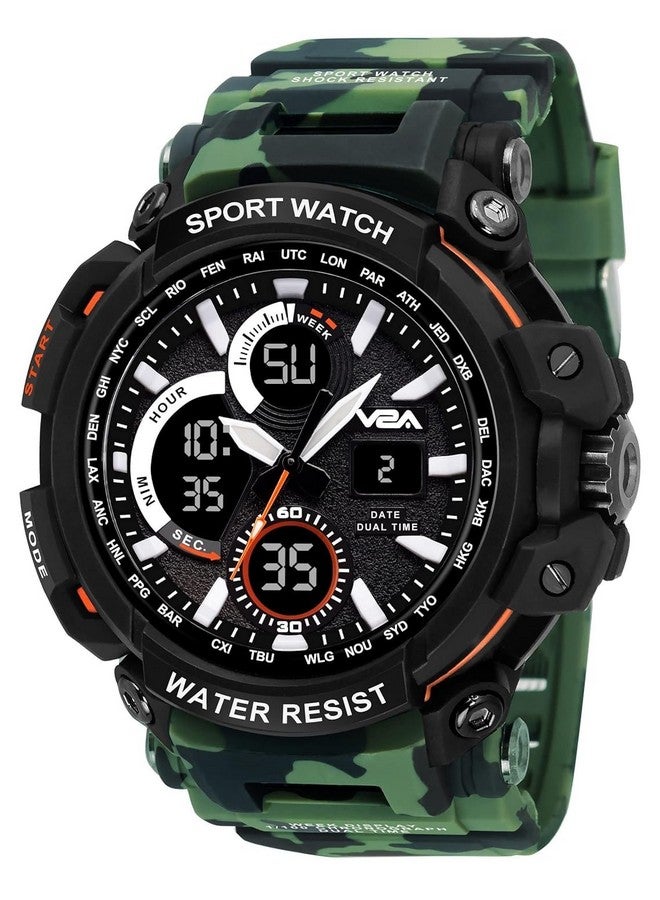 في 2 أية ساعة V2A Resin Camo Green Outdoor Sport مقاومة للصدمات ومضادة للماء ورقمية ومزودة بإضاءة LED للرجال (Camo-Green-1)، مينا سوداء، سوار متعدد الألوان - Image 1