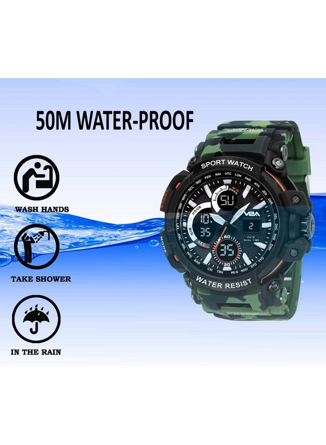 في 2 أية ساعة V2A Resin Camo Green Outdoor Sport مقاومة للصدمات ومضادة للماء ورقمية ومزودة بإضاءة LED للرجال (Camo-Green-1)، مينا سوداء، سوار متعدد الألوان - Image 5