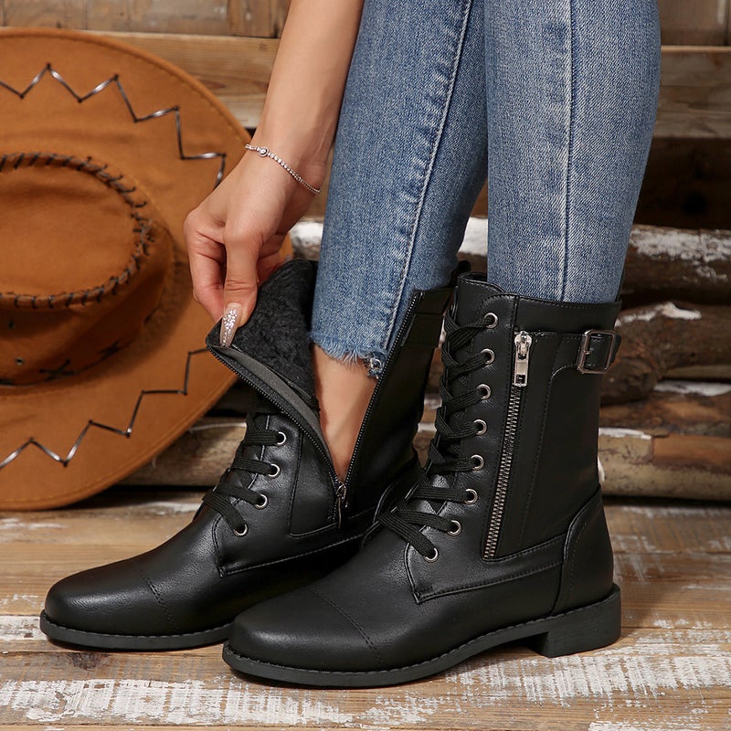 Large Size Flat Casual Round-Toe Fashion Martin Boots With Belt Buckle Mid-Calf Solid Color Leather Boots - Image 2
