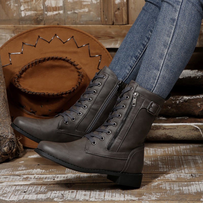 Large Size Flat Casual Round-Toe Fashion Martin Boots With Belt Buckle Mid-Calf Solid Color Leather Boots - Image 4