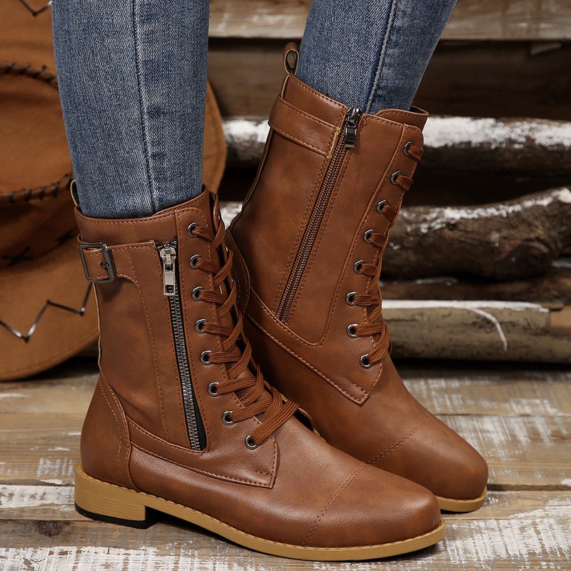 Large Size Flat Casual Round-Toe Fashion Martin Boots With Belt Buckle Mid-Calf Solid Color Leather Boots - Image 3