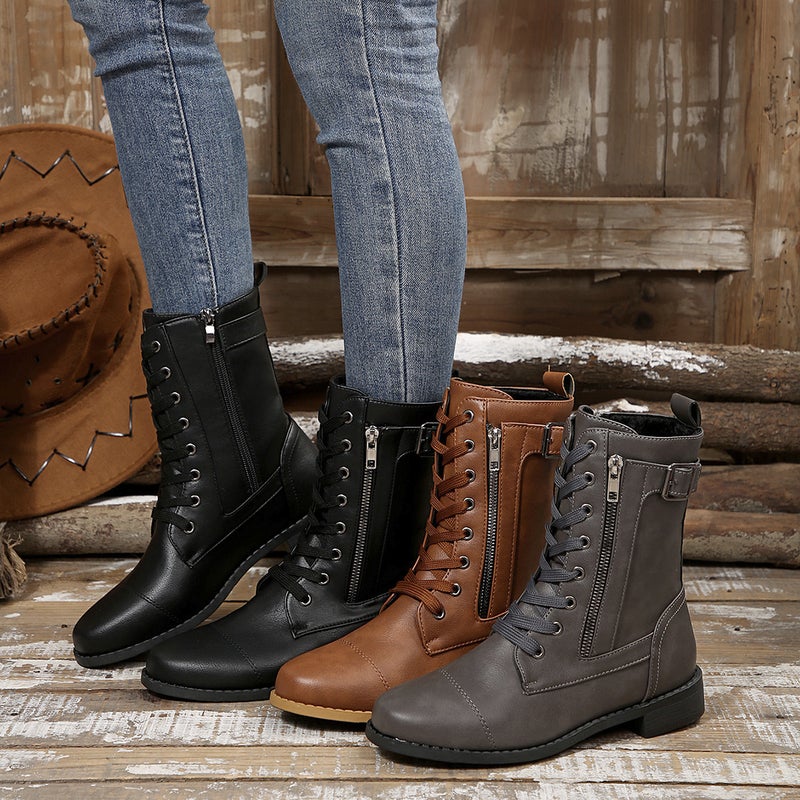 Large Size Flat Casual Round-Toe Fashion Martin Boots With Belt Buckle Mid-Calf Solid Color Leather Boots - Image 5