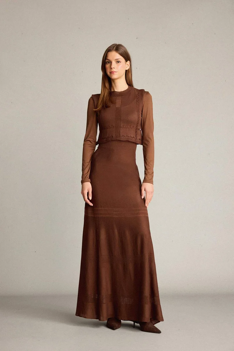 ديفاكتو Crochet Knitwear Blouse Maxi Skirt 2 Piece Set