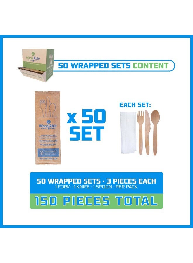 Woodable Disposable Wooden Cutlery Set - 100% Home Compostable - Wooden Utensils, Eco-Friendly, Organic, Sustainable and Carbon Neutral Certified - Fork, Knife, Spoon & Napkin - 150 - Image 2