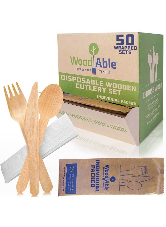 Woodable Disposable Wooden Cutlery Set - 100% Home Compostable - Wooden Utensils, Eco-Friendly, Organic, Sustainable and Carbon Neutral Certified - Fork, Knife, Spoon & Napkin - 150 - Image 1