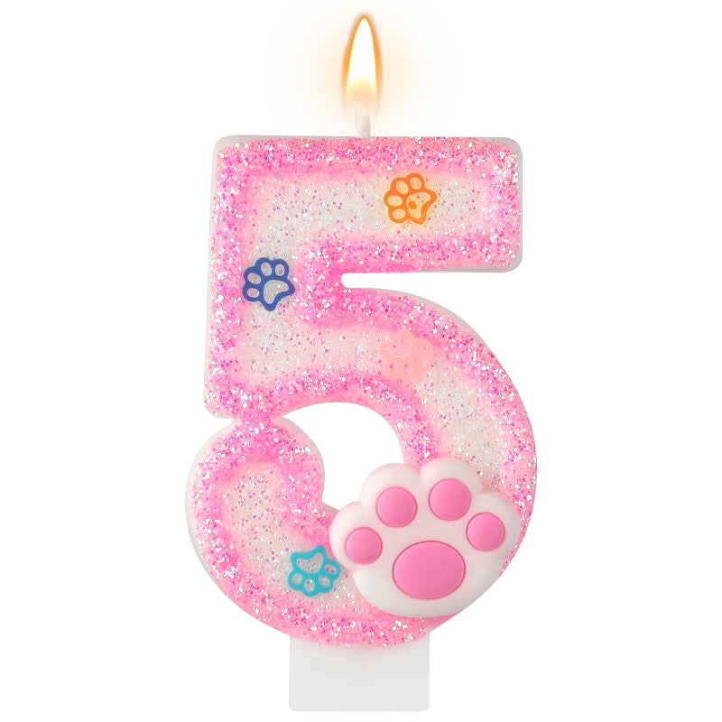 AKURIEEY Dog and Cat 5th Birthday Candle Pink Numbers 5 Candle Paw Cake Topper Cupcake Decorations for Pet Theme Party Decor Anniversary Celebrations Supplies - Image 1