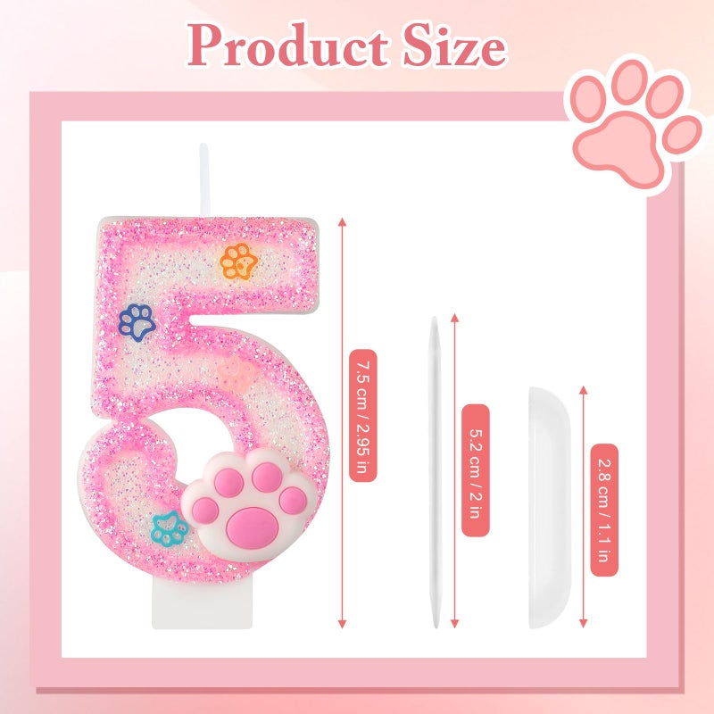 AKURIEEY Dog and Cat 5th Birthday Candle Pink Numbers 5 Candle Paw Cake Topper Cupcake Decorations for Pet Theme Party Decor Anniversary Celebrations Supplies - Image 3