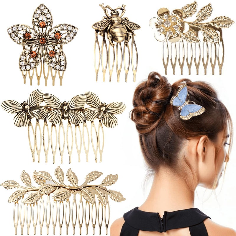 XINHONGJIN 6pcs Vintage Hair Side Combs for Women Decorative,Butterfly Flower Leaf Pearl Rhinestone Metal Hair Comb Tooth Clip with Teeth Grip Crystal Bridal Hair Piece Pins for Wedding Accessories - Image 1