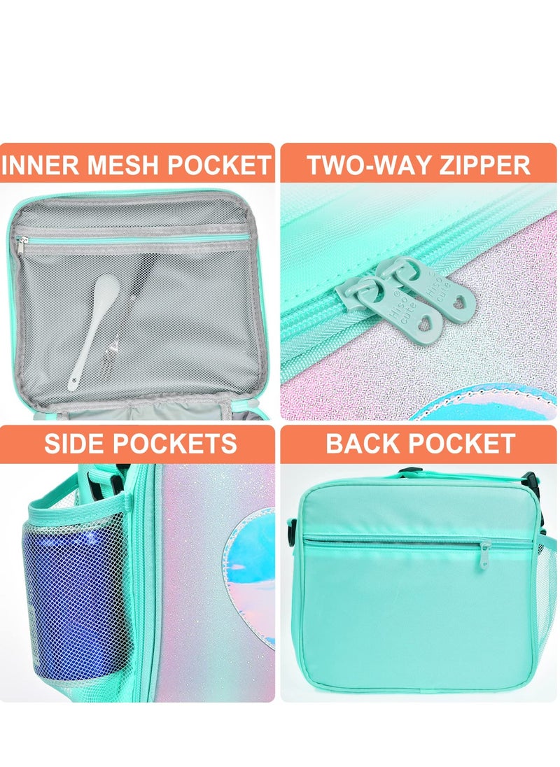 SYOSI Children's Lunch Box, Rainbow Laser Tote Leakproof Insulated Lunch Bag Reusable Insulated Bento Bag Picnic Ice Bag Girls Simple Shoulder Bag for School and Outdoor Backpack (Green)  - Image 5